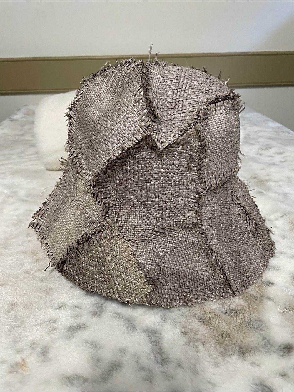 Burberry Taupe Patchwork Straw Bucket Hat
